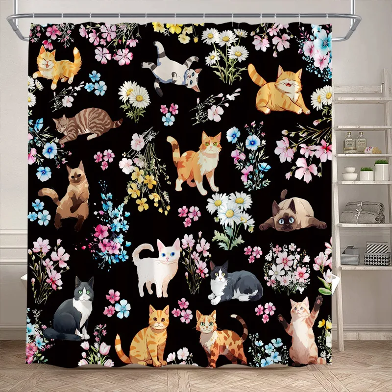 

Душевые занавески с цветочным мультяшным принтом кошек, милые животные, акварельные цветы ромашки, занавеска для ванной из полиэстера, декор для ванной комнаты с крючками