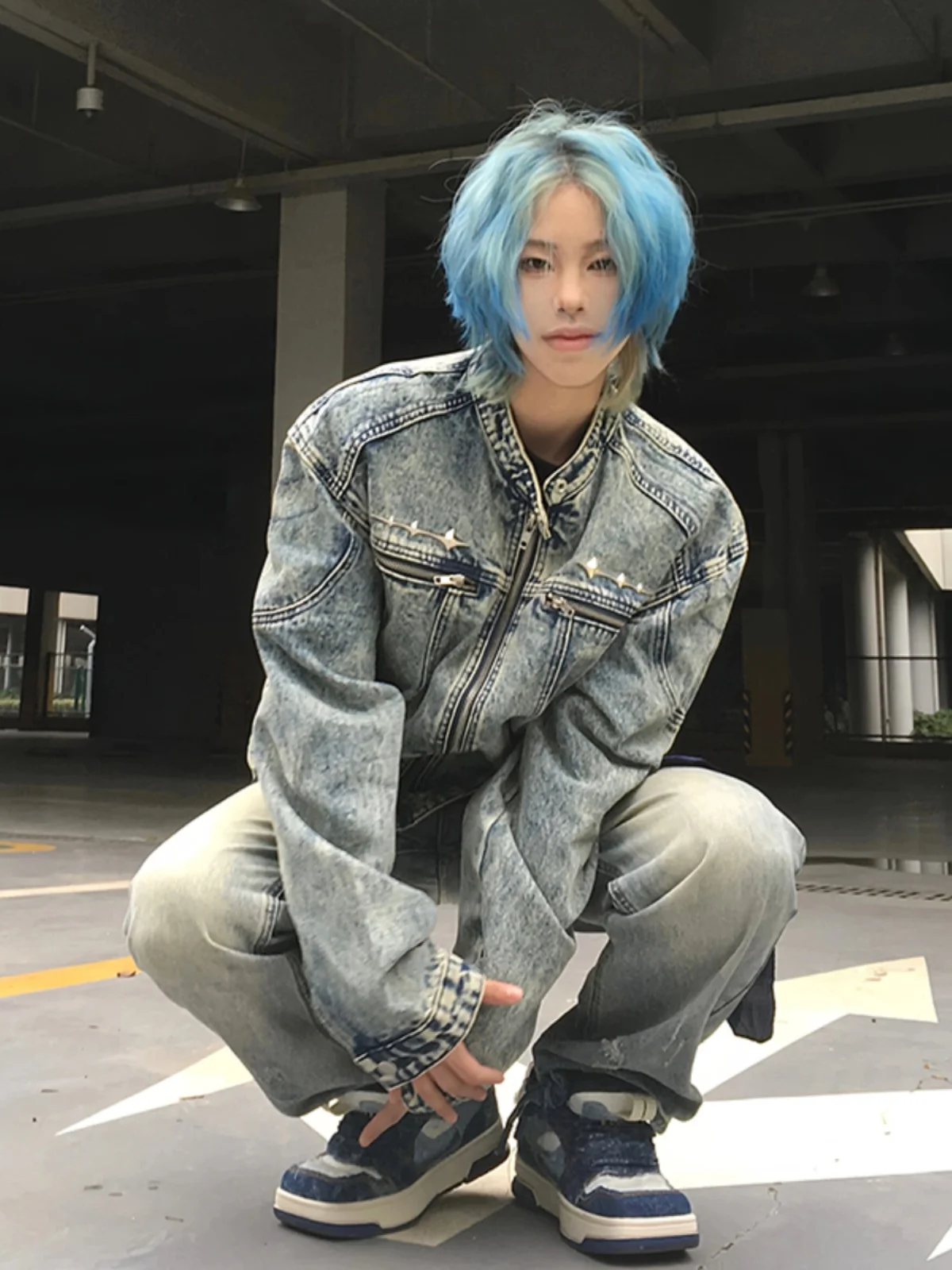 

Blue Denim Jacket Men's Heavyweight Short Style Autumn Winter New American Motorcycle Jacket Trendy round Neck Zipper Closure