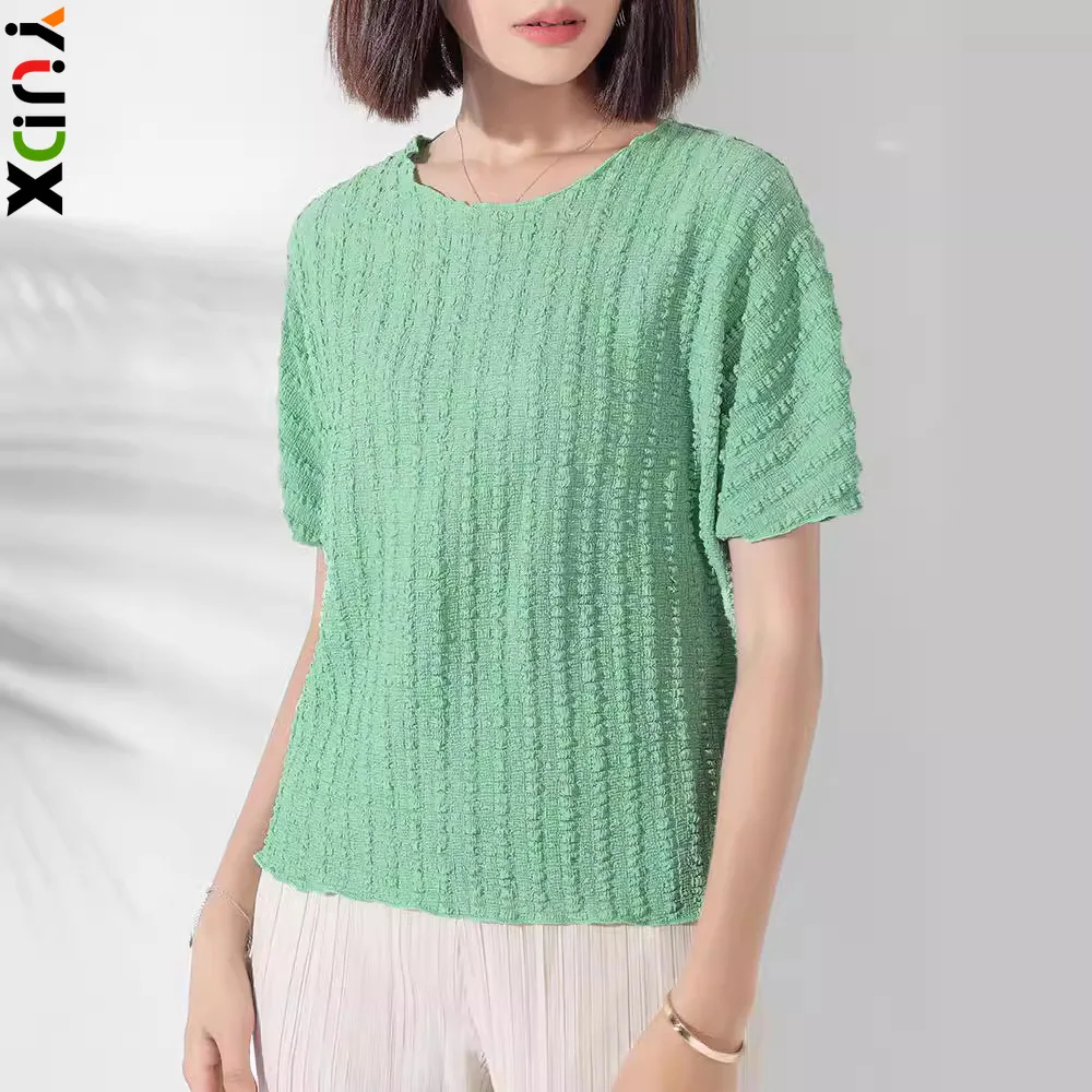 YUDX Pleated Fashion Round Neck Short Sleeve Top Hundred Solid Color Loose Plus Size Comfortable Women's T Shirt 2024 Summer New