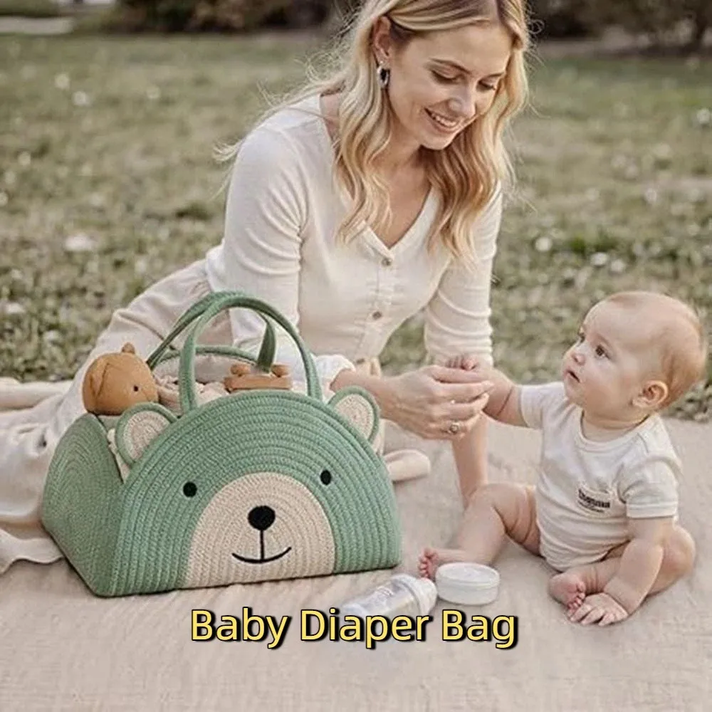 

Portable Cotton Rope Baby Diaper Bag Bear Pattern Handheld Mommy Bag Large Capacity with Handle Woven Basket Nursery Use