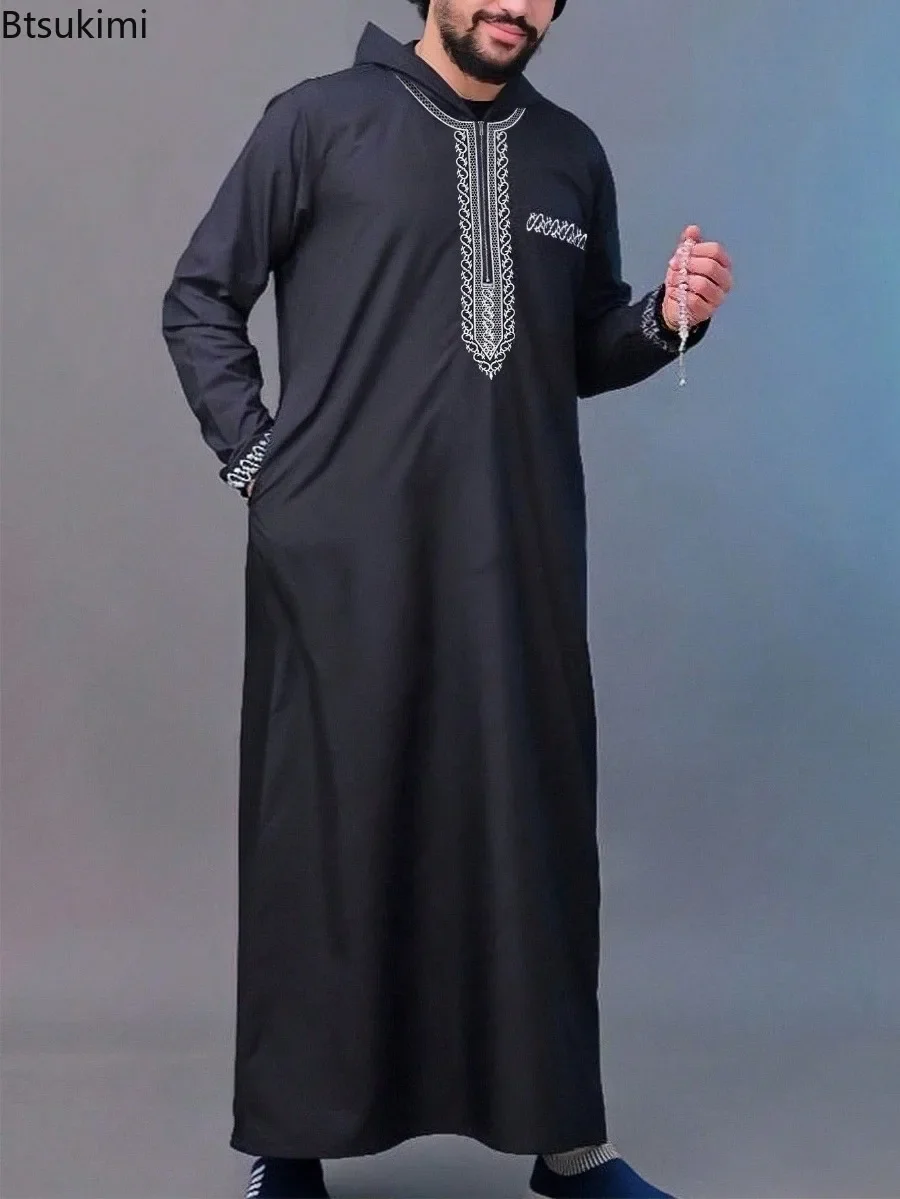 2025 Muslim Men Dress Ethnic Style Embroidered Long Sleeve Stand Collar Kaftan Islamic Clothing Men's Luxury Elegant Hooded Robe