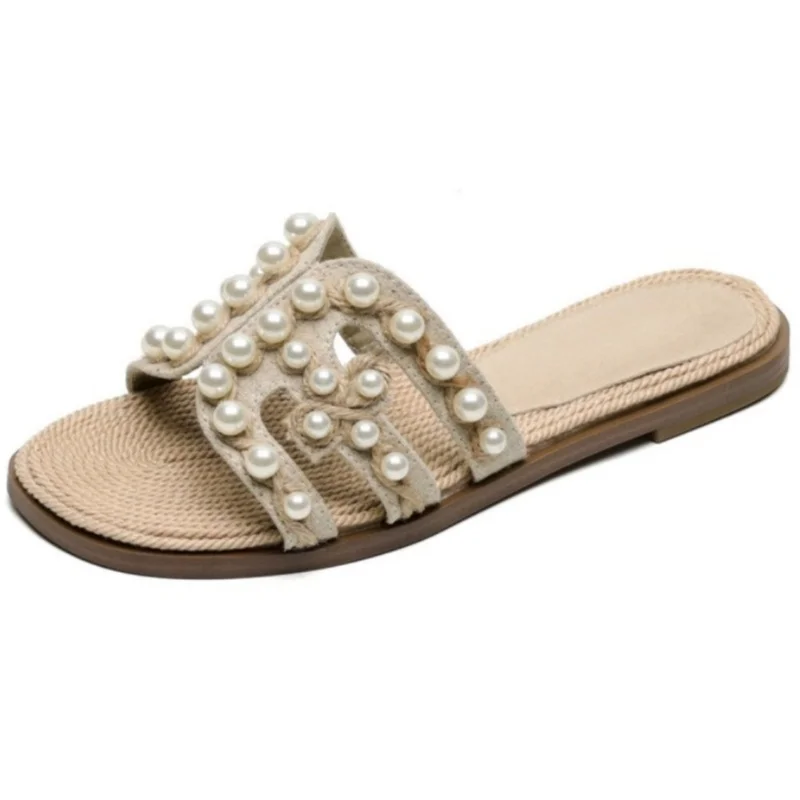 

Соломенные женские тапочки с круглым носком на плоской подошве, неглубокие дышащие женские сандалии, модные женские шлепанцы с жемчужным декором