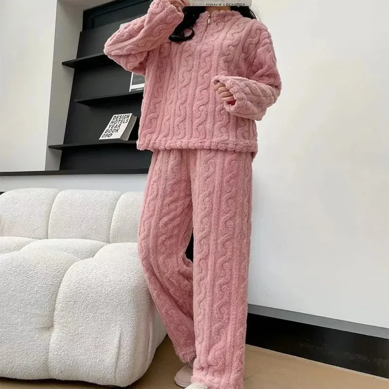 2PCS/Set Thickened Warm Fashion Coral Velvet Pajamas Fall Winter Padded Ladies Casual Elastic Striped Comfortable Homewear