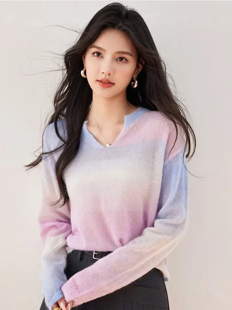 Wysokiej jakości sweter damski z gradientem z mieszanki moheru, nowy luźny sweter z wełny w stylu \"Mint Wave\" na rok 2024.