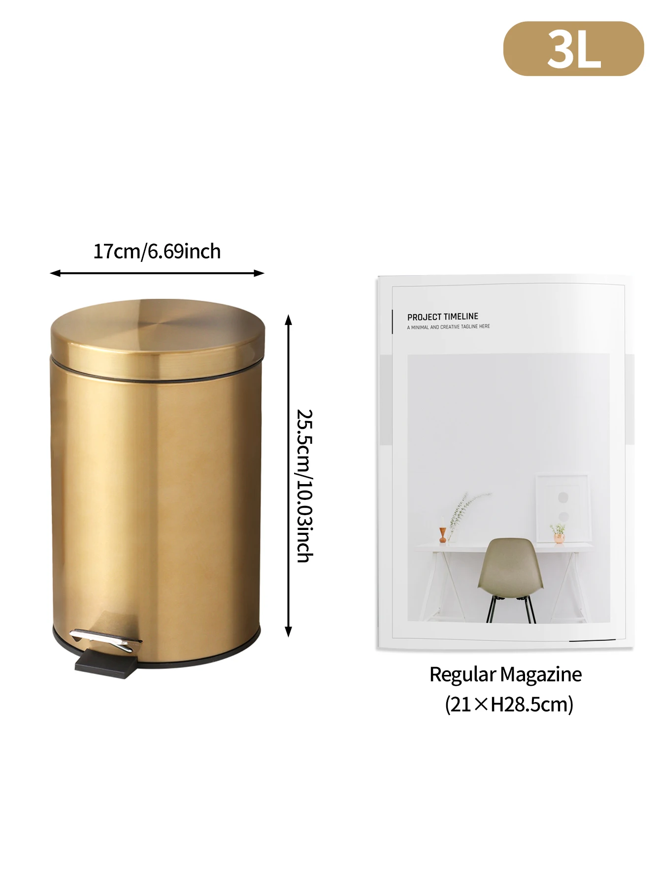 Christmas Decor 3 Liter Mini Champagne Round Metal Step Trash Can Wastebasket Garbage Container Bin for Kitchen Bathroom Home