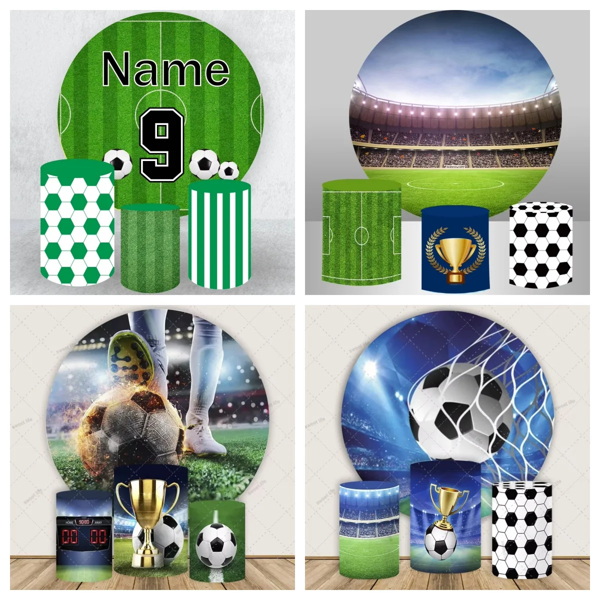 Copertura Personalizzata per Sfondo Rotondo a Tema Calcio, Strisce Blu, Decorazione per Feste di Compleanno e Baby Shower