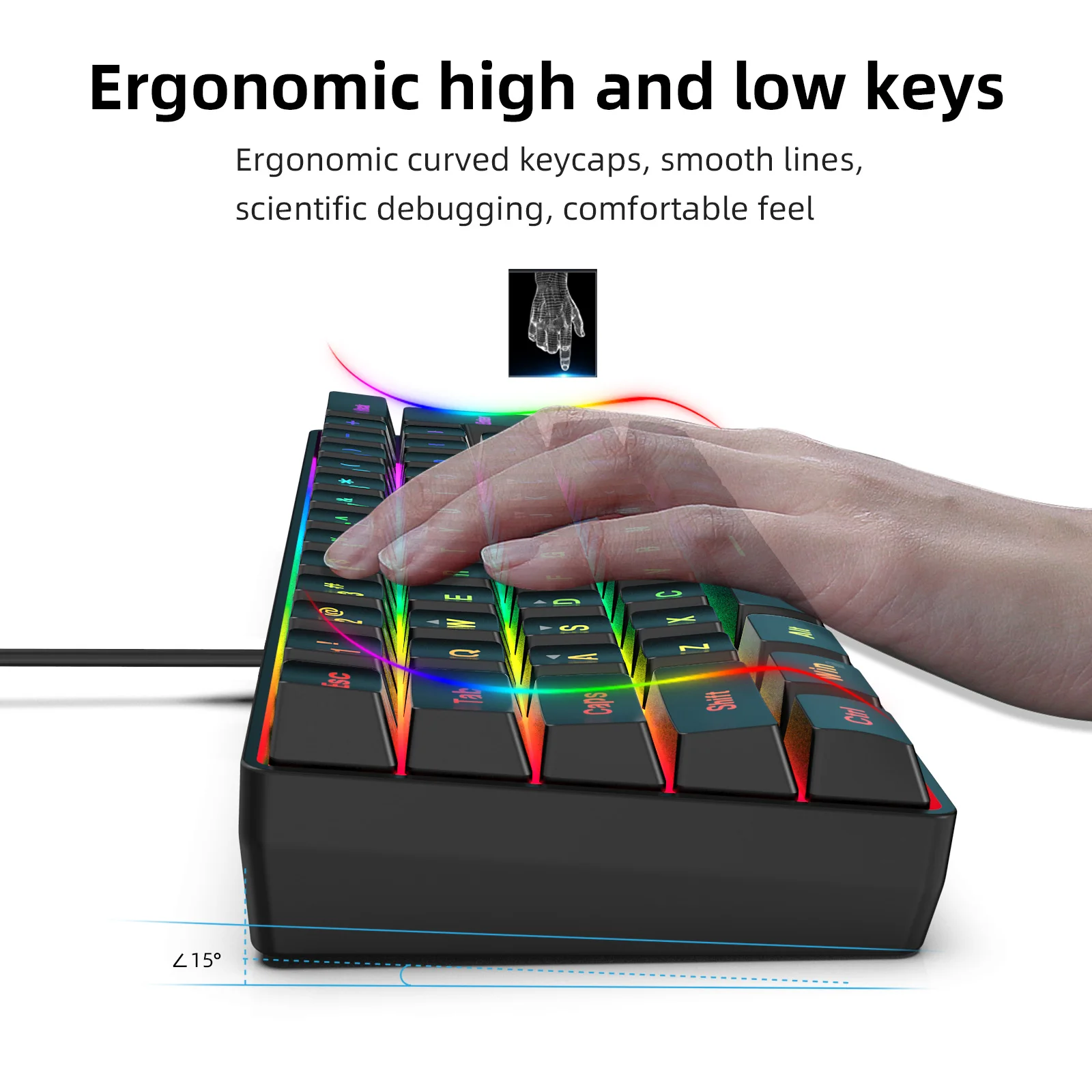 HXSJ 60% przewodowa klawiatura do gier 61 klawiszy podświetlana RGB Ultra kompaktowa ergonomiczna klawiatura membranowa dla graczy PC PS4