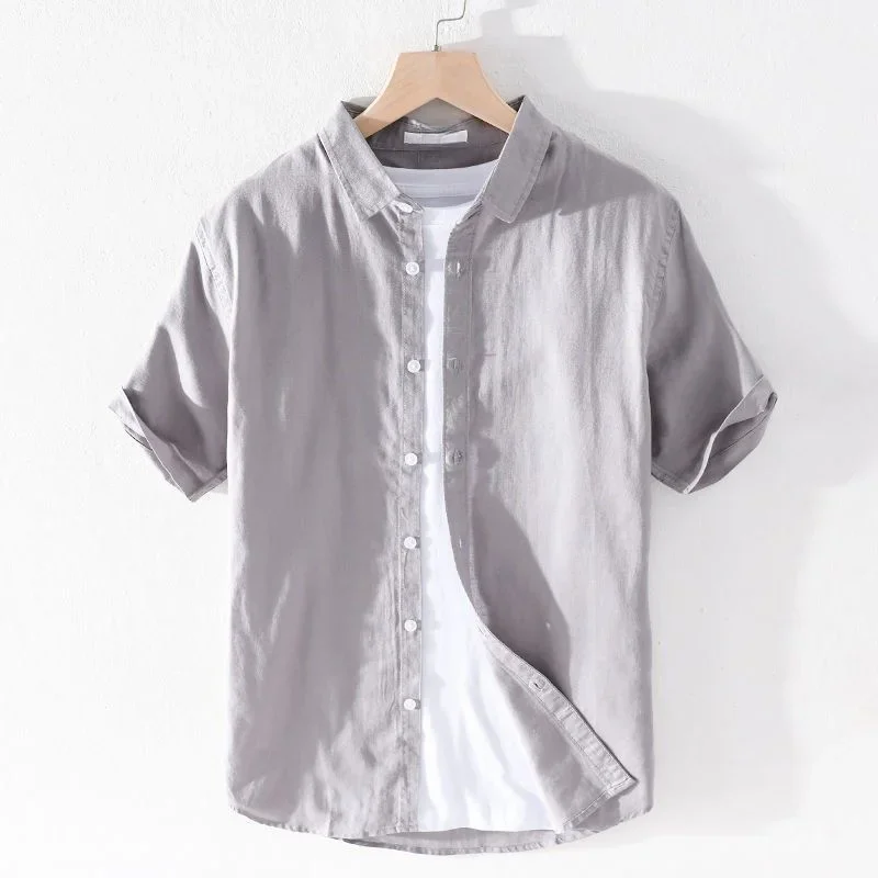 

Breathable Pure Linen Shirt Men's Short Sleeved Loose Top for Summer Wear Thin Collar White Cotton Linen Shirt