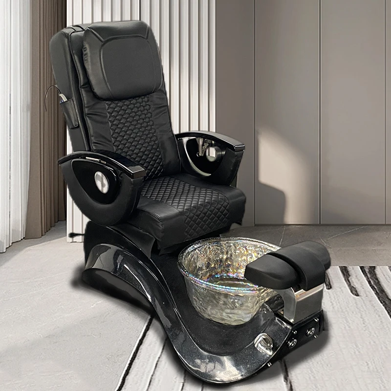 Modern Beauty Nail Salon Electric Reclining Pipeless Black Pedicure Chairs With Bowl