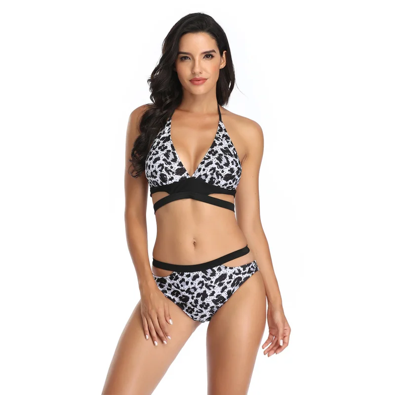 

Новый модный купальник бикини для женщин с леопардовым принтом и галстуком, полые сексуальные купальники на складе, оптовая продажа