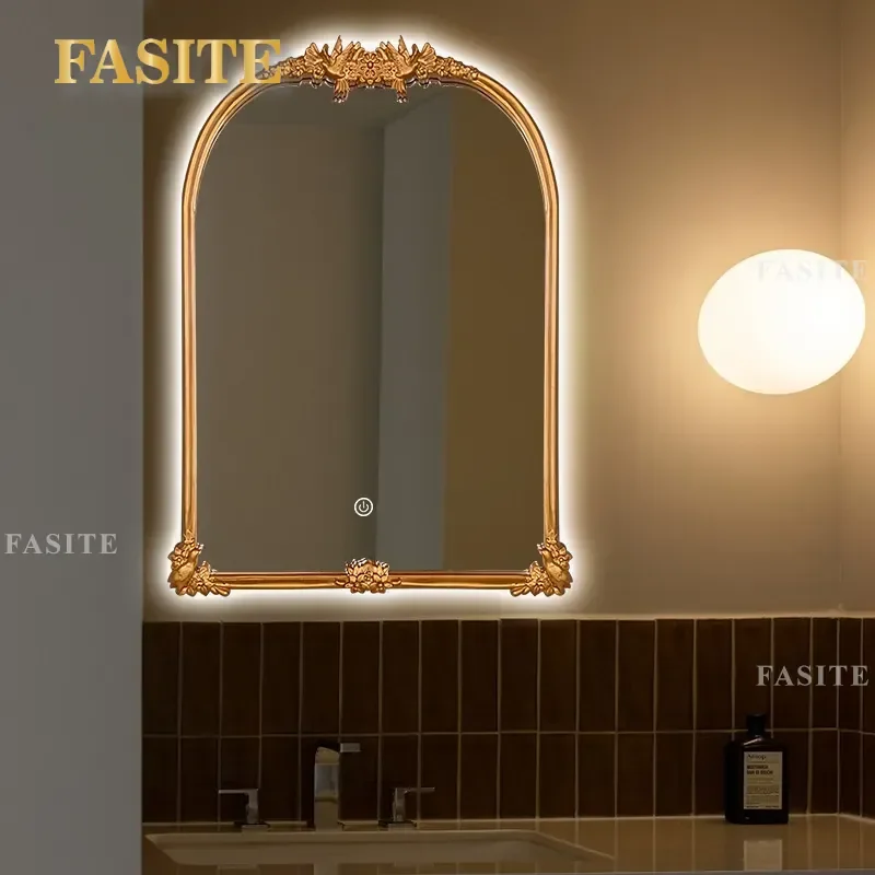 For French Engraved Bathroom Mirror Anti Fog Wall Mounted Vanity Mirror with LED Light Decorative Cosmetic Mirror for Living
