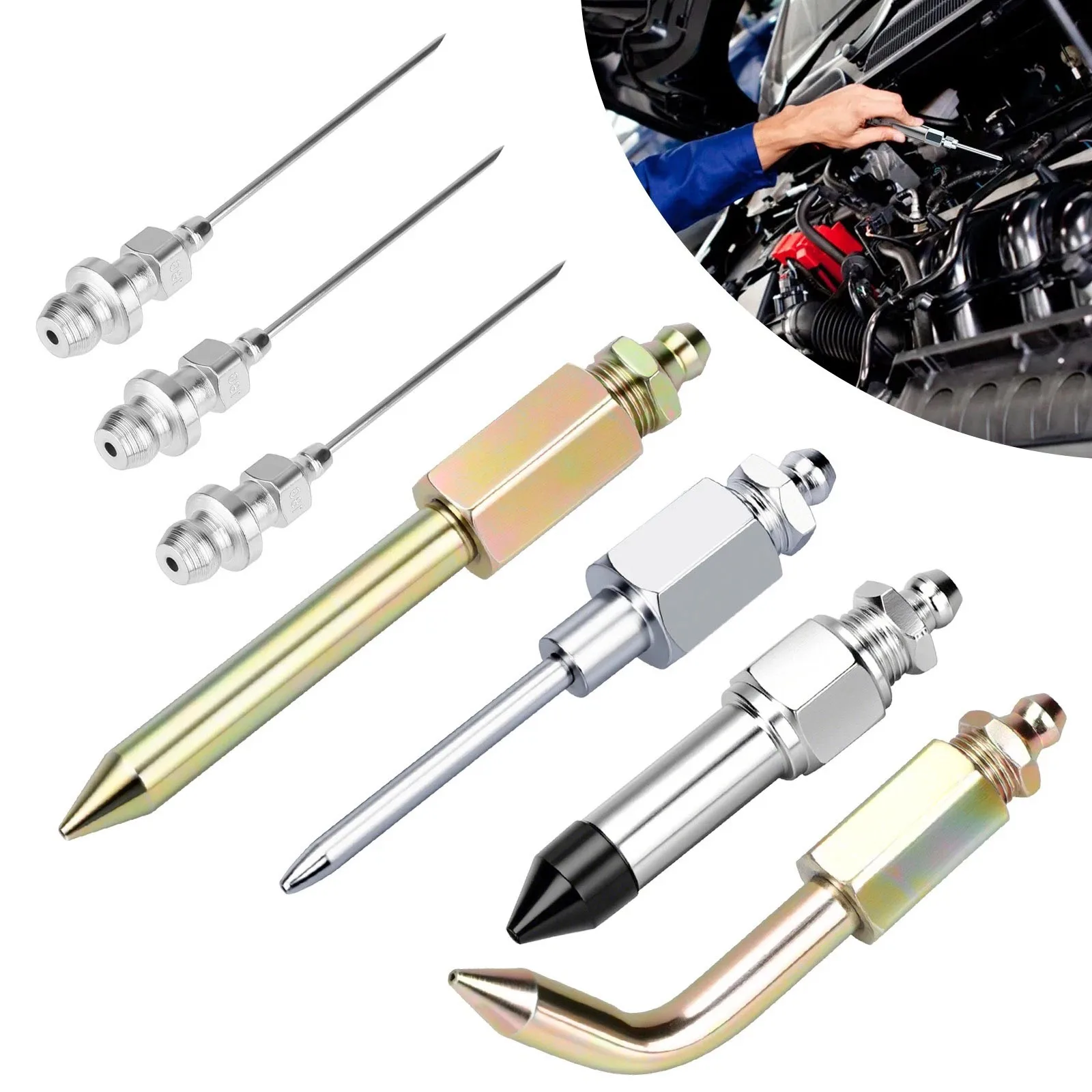 Universal Grease Gun Adapter Kit 7pcs Needle Nozzle Bent/Straight/Rubber Tip Dispenser for Auto Machinery Maintenance