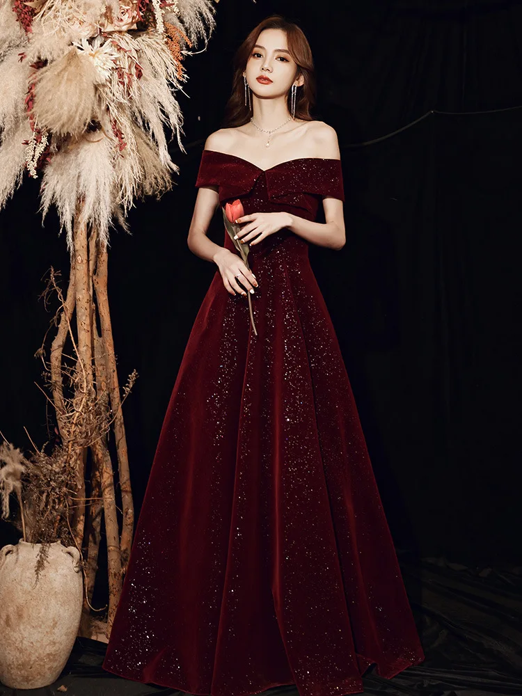 Burgundy Vintage Velvet Evening Dress Elegant Off-The-Shoulder Sequined A-line Formal Banquet Dresses Vestido De Noche