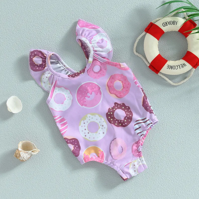

3 to 24 Months Baby Girls Summer Casual Romper Swimwear Sleeveless Cartoon Donut Print Bathing Suit
