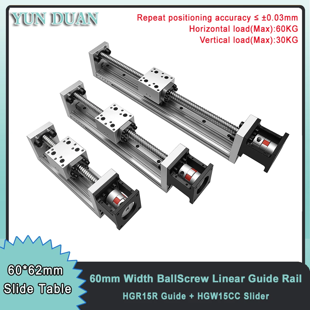 60mm Wide CNC Mini BallScrew SFU1605 Sliding Table Single Rail Stage 0.03mm Linear Actuator 60KG Load Nema23 57 Motor/60mm Servo