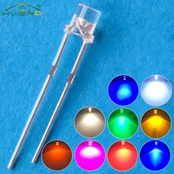 Ultra Brilhante Flat Top Head LED Diodo, Branco Vermelho Azul Laranja UV Rosa Bulbo, Grande Angular Lâmpada Emissora de Luz, F3, 3mm, 100Pcs