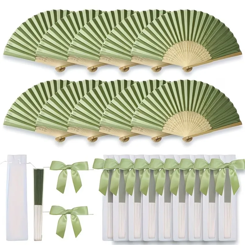 10/20/30 Fresh Green Wedding Fan Set Ladies' Handheld Folding Fans with Bowknots and Transparent Mesh Bags for Weddings Baptisms