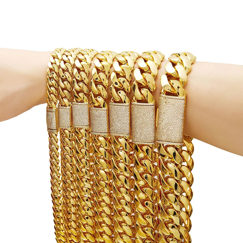 

Hip Hop Bling Iced Out Gold Color Stainless Steel Dense Cuban Miami Link Chain Necklaces for Men Rapper jewelry Drop Shipping