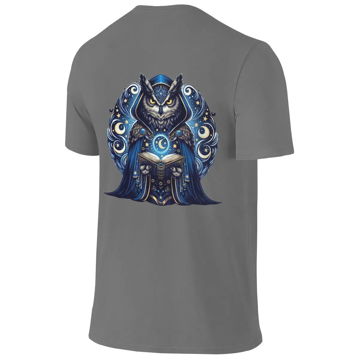 Mystical Owl Sorcerer Fantasy Bird With Spellbook And Star Robe Smooth Reversible T-shirt Artistic Boy Designer Style Cotton Tee
