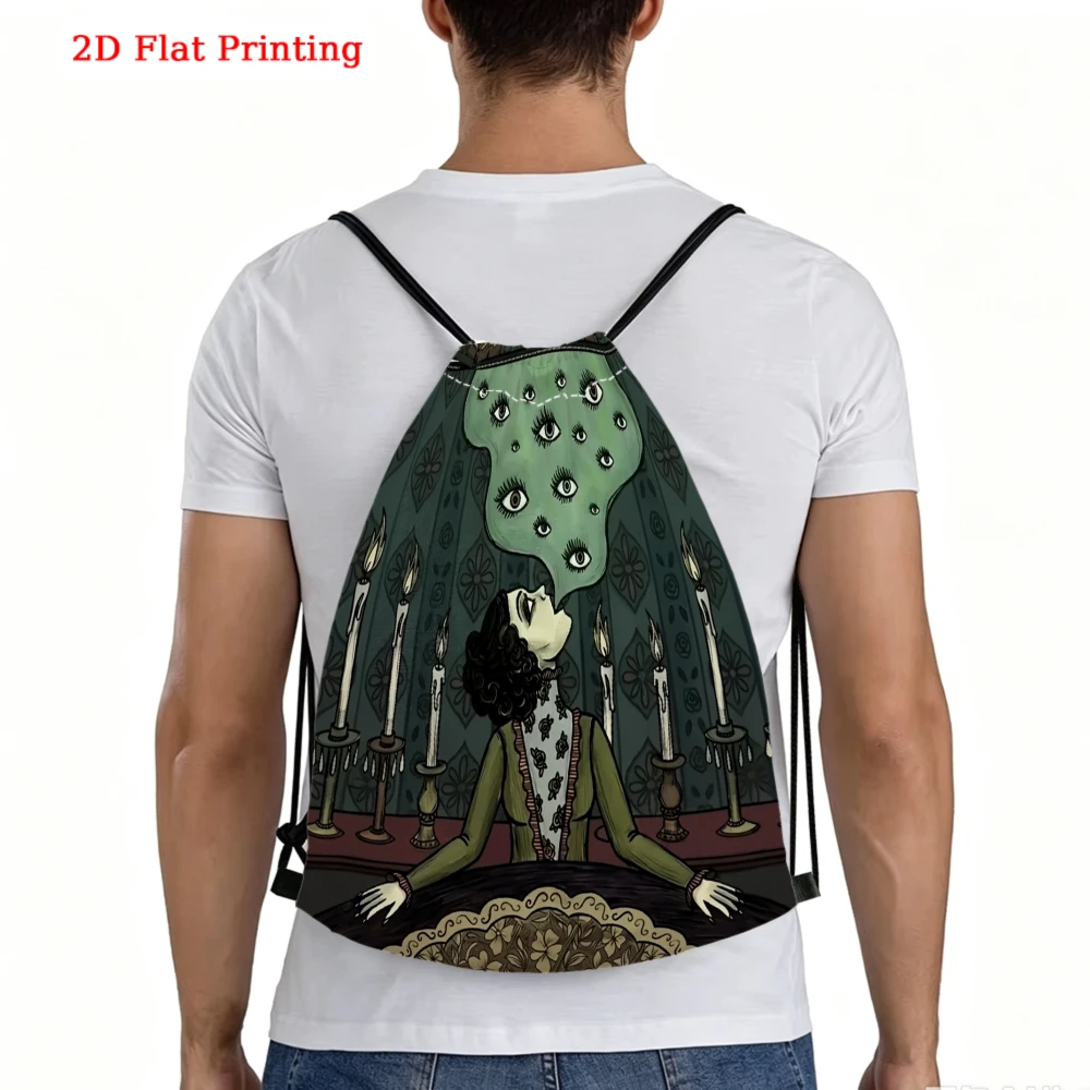 Gothic Style, Drawstring Backpack, 2D Flat Printing Peacock Girl Pattern, Fitness Sports Bag, Outdoor Travel Drawstring Pack