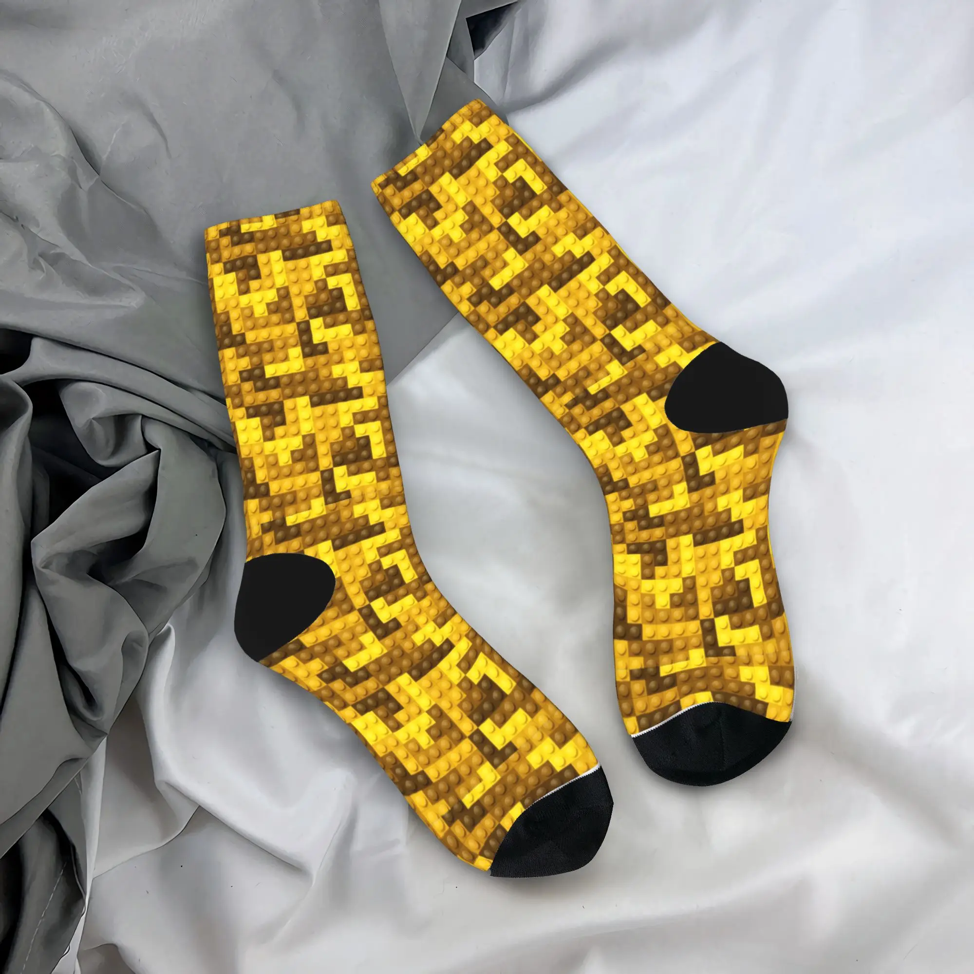 Brown Yellow Gradient Building Blocks Pattern Stockings Men Socks Vintage Socks Autumn Skateboard Non Skid Graphic Socks Gift