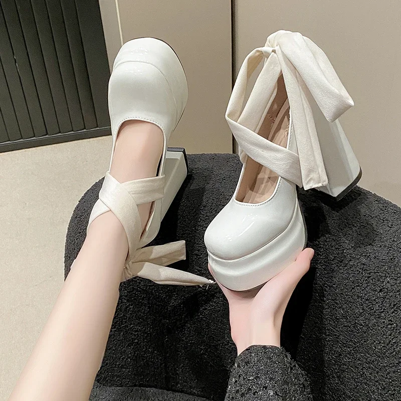 

Женская обувь Мэри Джейн на платформе 12,5 см, новая модная женская обувь на толстом высоком каблуке с перекрестной завязкой, женские элегантные модельные туфли-лодочки