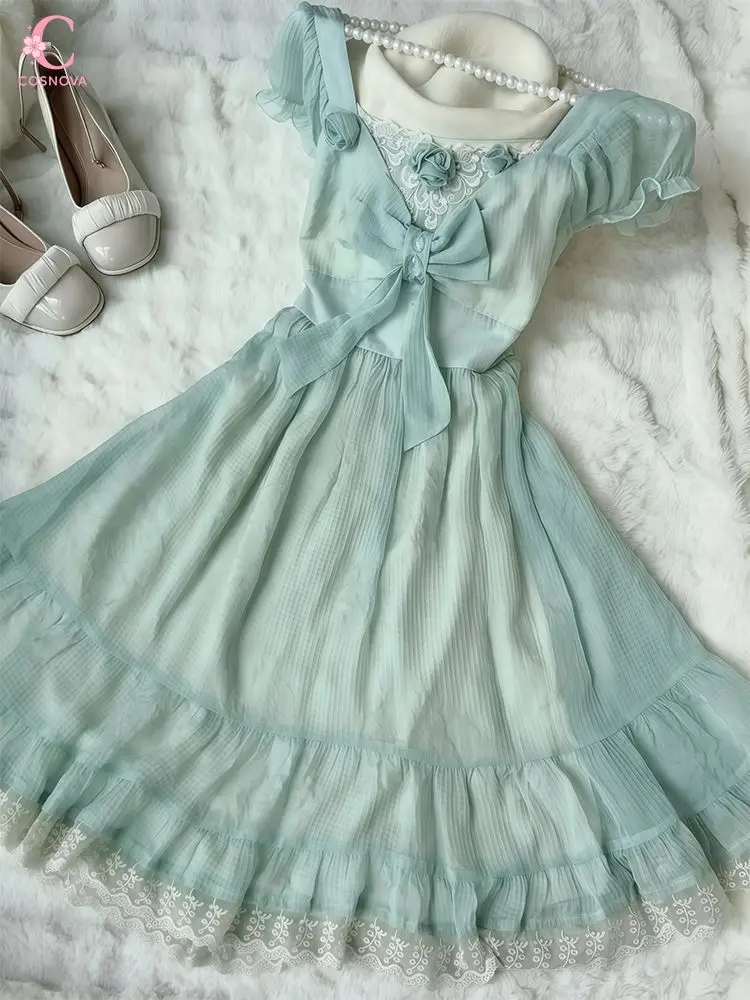 Vintage Sweet Bow Waist Dress Women Summer Petite Girl A Line Mini Dress Cute Fresh Style Slim Fit Princess Casual Chic Outfit