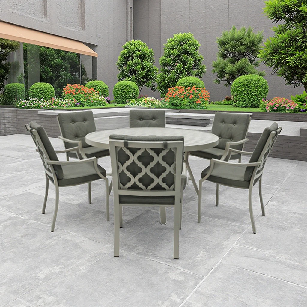

New Arrival Modern 7pcs Aluminum Tube Dining Table Set for Outdoor Kitchen Hotel Farmhouse Villa Courtyard Home