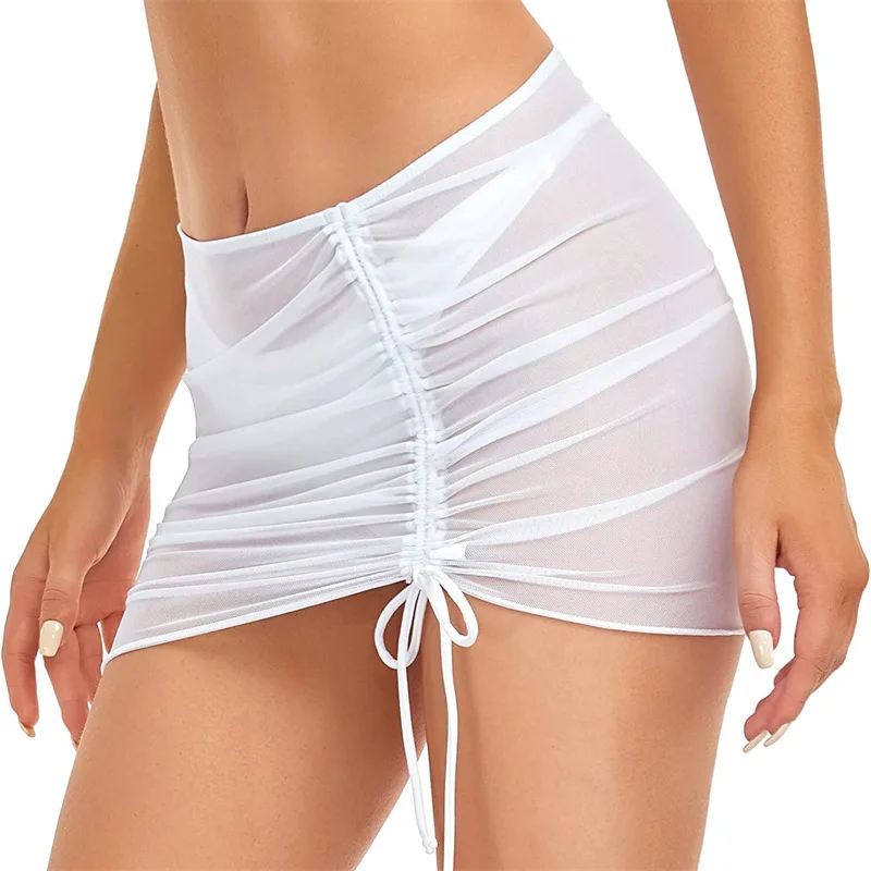 Sexy Women Mesh Shirring Micro Mini Skirt Sheer See Through Bandage Short Skirts Lift Butt Fashion Ladies Club Outfits Skirt