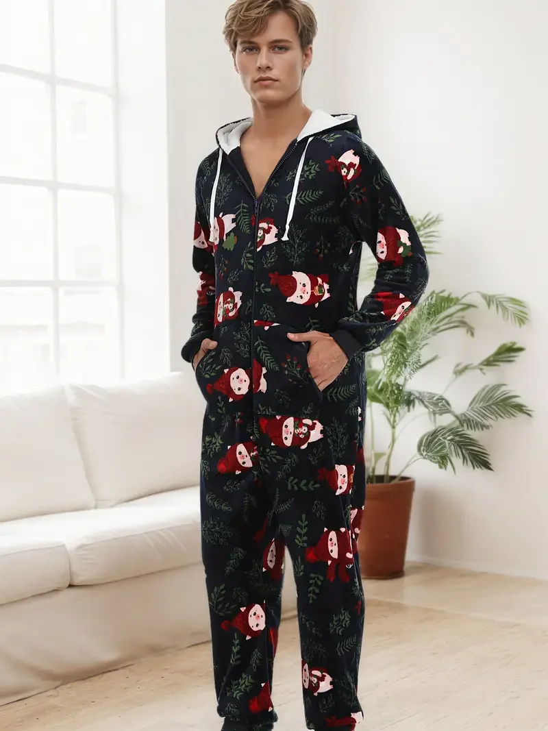 

Плюшевый теплый комбинезон с принтом Санта-Клауса с капюшоном, одежда для сна, домашняя одежда, для мужчин