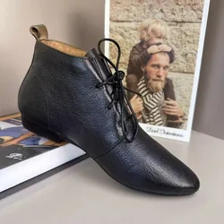 Brand Women Boots Lace-Up Ankle Boots Pointed Toe Leather Shoes Women British Style Vintage Boots 2024 Versatile Ladies Botas