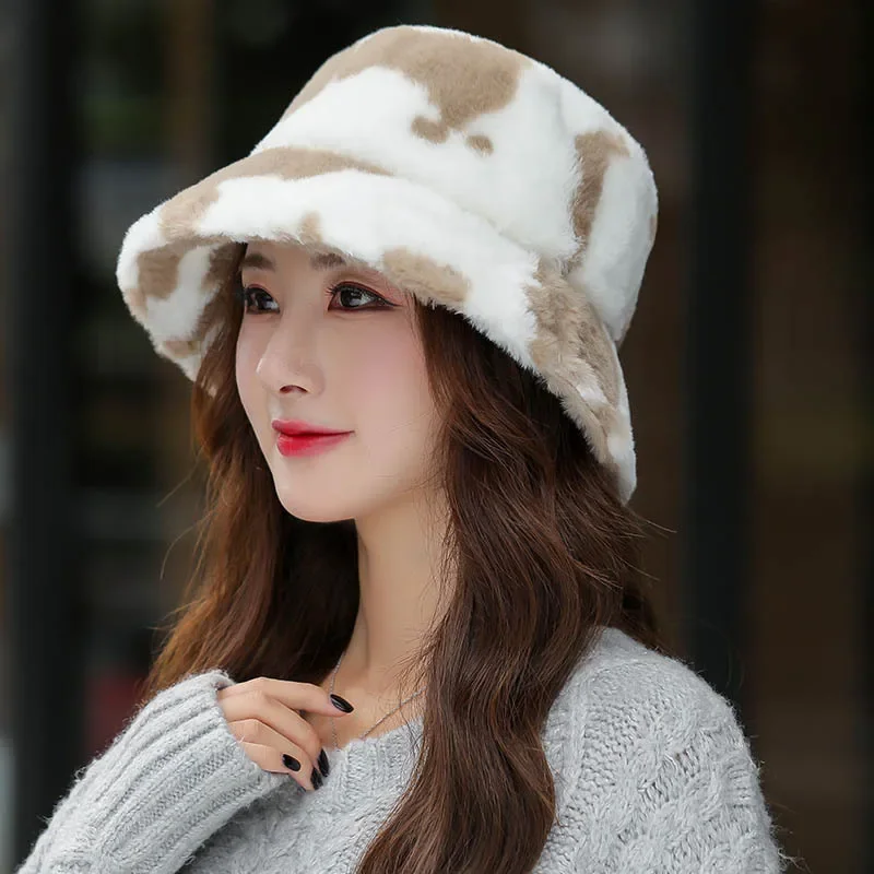 Winter Hats for Women Cow Print Plush Bucket Hats for men Soft Velvet Fisherman Cap Lady Tourism Outdoor Hat Flat Top Hats