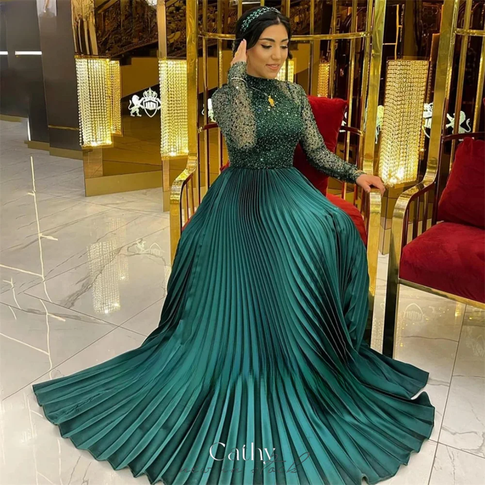 Cathy Green Glitter Wedding Dresses Modest High Neck فساتين سهرة Elegant Long Sleeves Floor-length vestidos de fiesta 2024