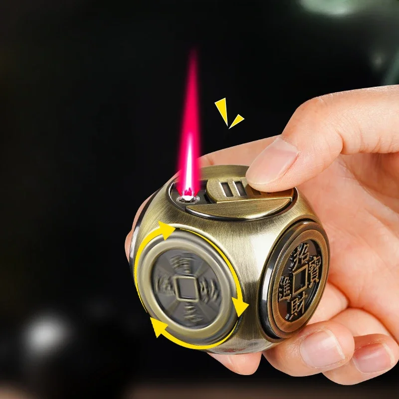 2024 New Metal Four Sided Rotating Gyroscope Decompression Dice Lighter Windproof Spray Red Flame Inflatable Lighter Men's Gift