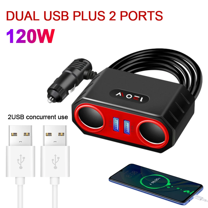 Car One Tow Four Multi-function Car Adapter Multi-plug USB Mobile Phone Charger 12-24V Model General