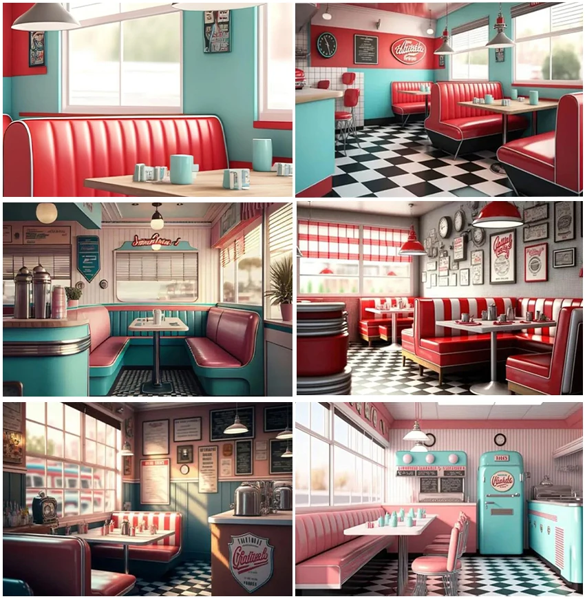 

Retro Restaurant 1950s Vintage Diner Fast Food Backdrops Cafe Soda Shop Dining Family Portrait Backgrounds Birthday Party Decor