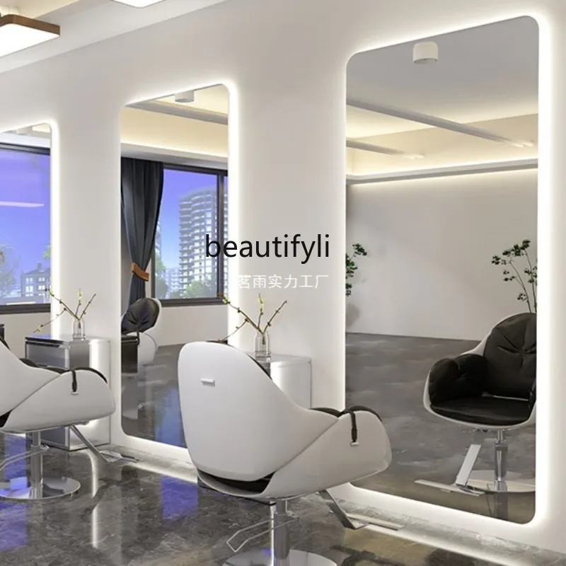 Hairdressing Stand Salon Barber Shop Mirror Single-Sided Floor LED Haircut Mirror Stand Simple Perm Dye Mirror