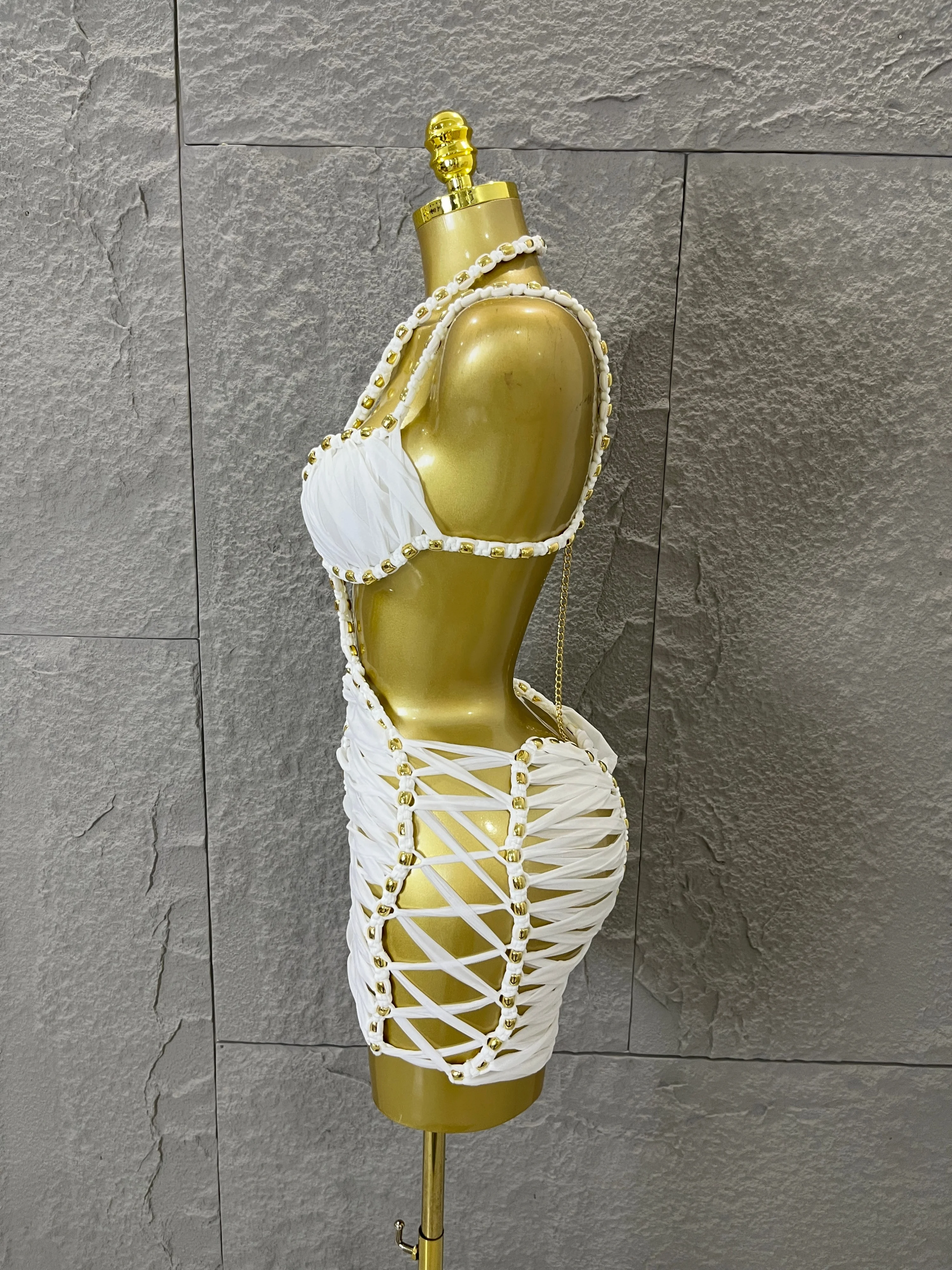

Women Sexy Sparkly White Braided Halter Mini Dress Gold Bead Trim Cutout Sides Ideal Beach Parties Vacations Special Occasions