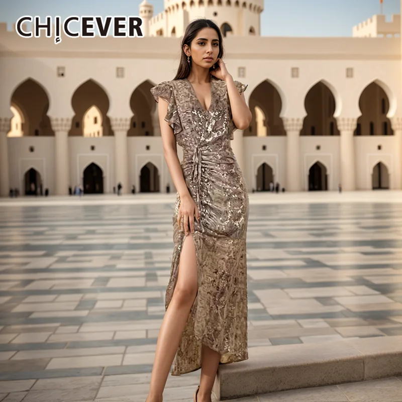 

CHICEVER Vintage Patchwork Sequins Dress For Women V Neck Short Sleeve High Waist Slimming Long Dresses Female Summer Clothing