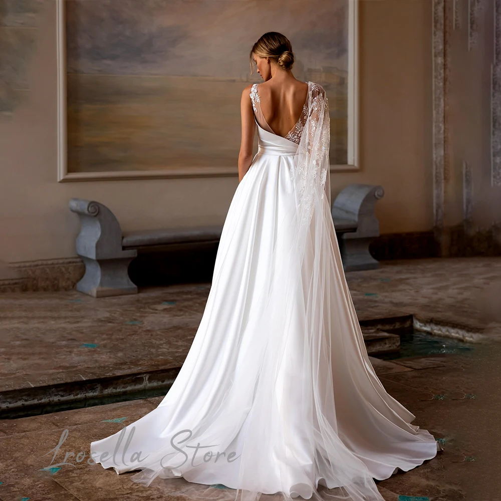 LRosella-O-Neck abiti da sposa lunghi fino al pavimento in raso, abito da donna bohémien in pizzo a trapezio, elegante piega senza schienale, lusso, 2024