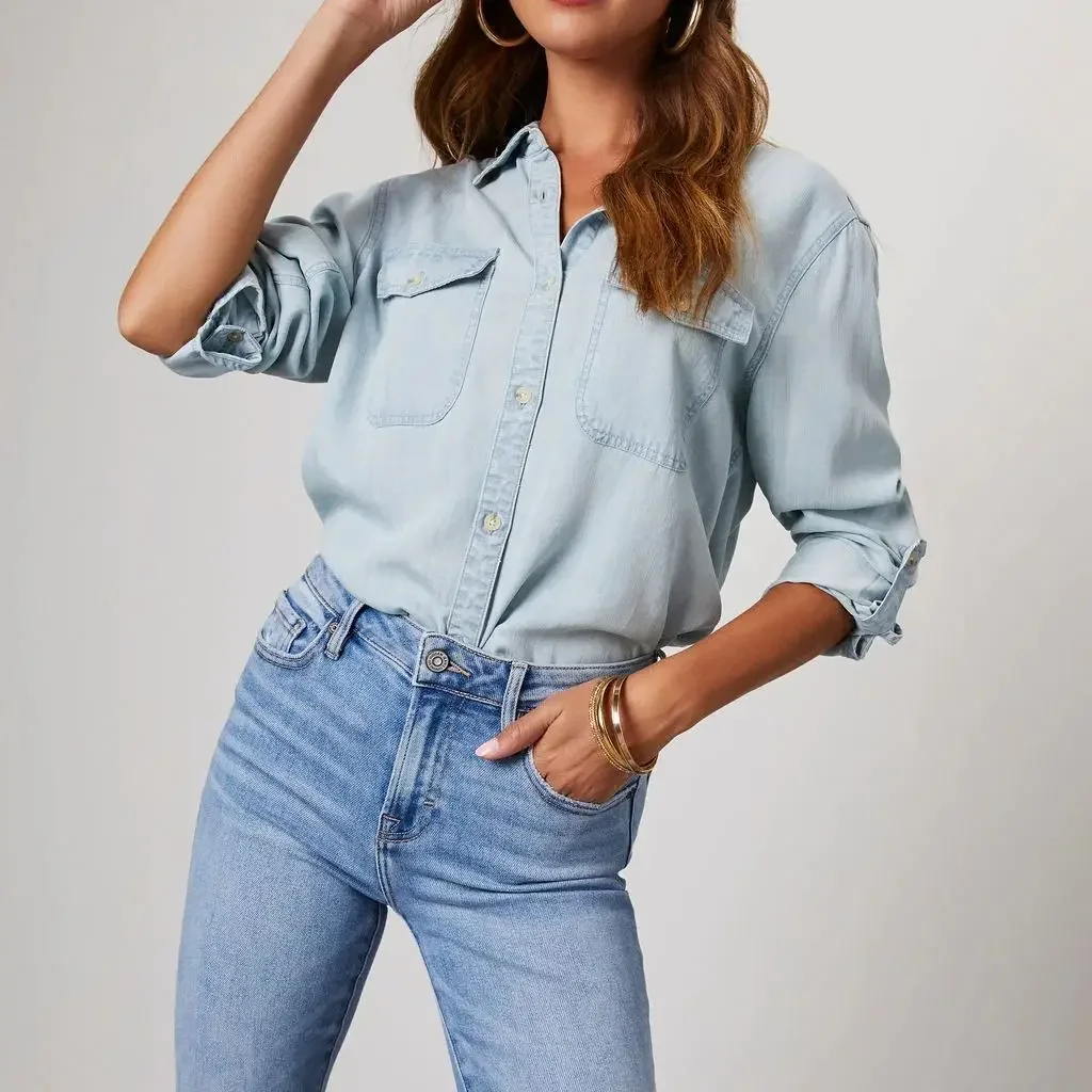 Women\'s Spring and Autumn New Denim Shirt, Casual Fashion Lapel Single-breasted Long-sleeved Shirt for Women with Pockets Y2k