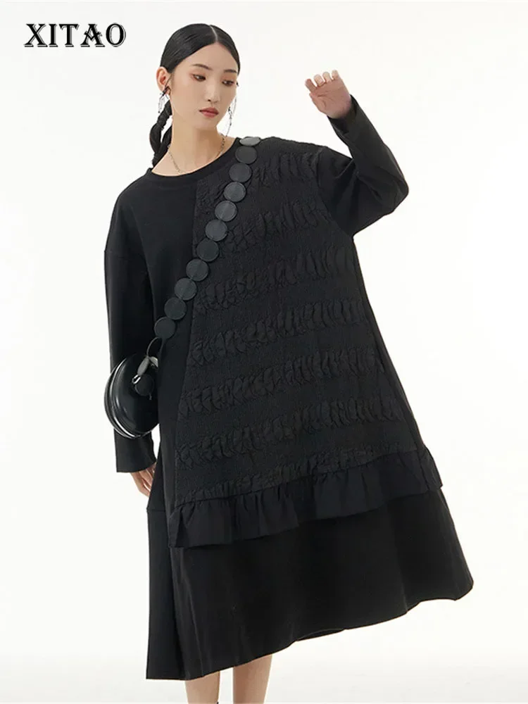 

XITAO Pleated Hem Dress Fashion Pullover Black Small Fresh Patchwork Goddess Fan Casual Style 2024 Spring Loose Dress WLD8956