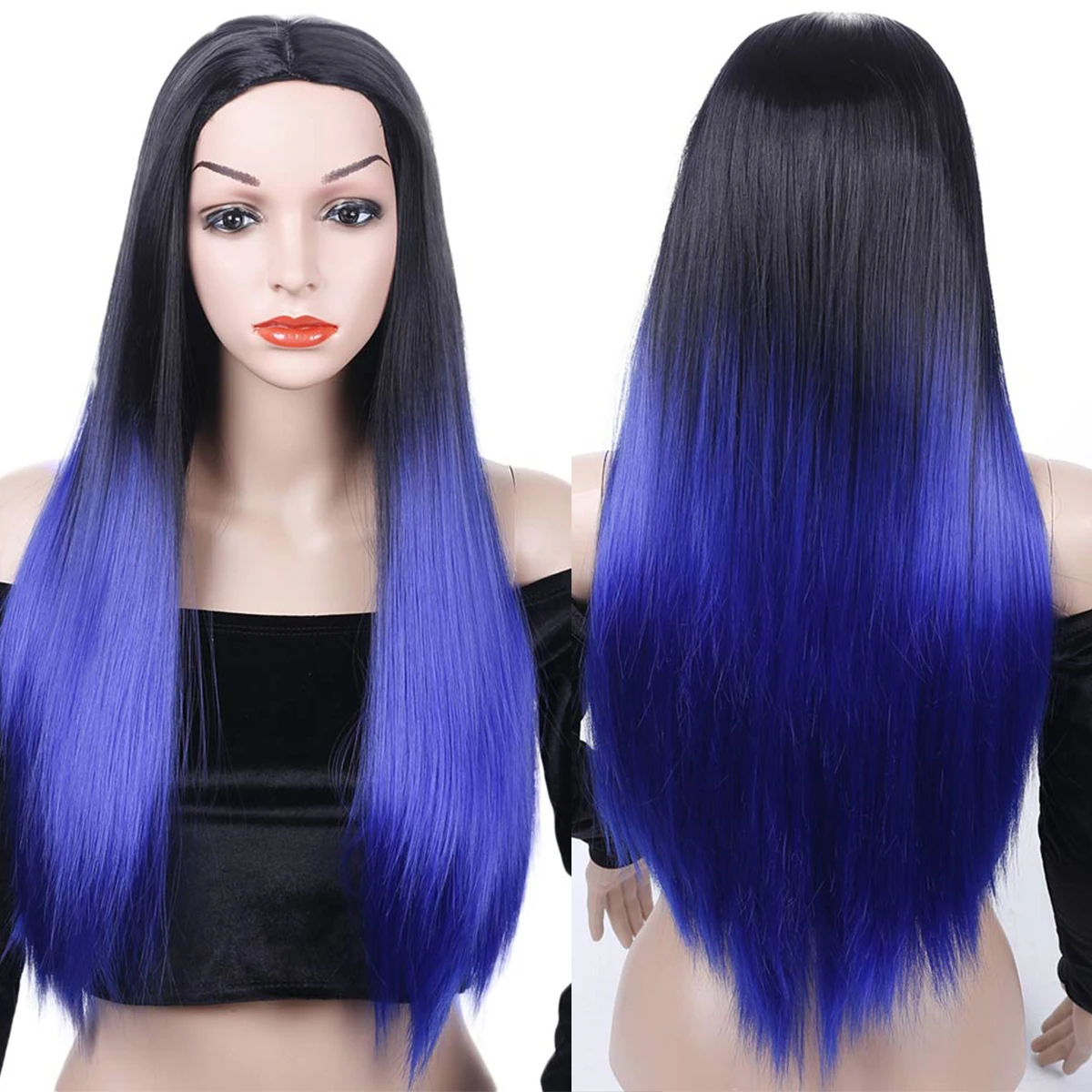 

28-inch synthetic black gradient long straight hair without bangs women's mid-point heat-resistant highlighting wig