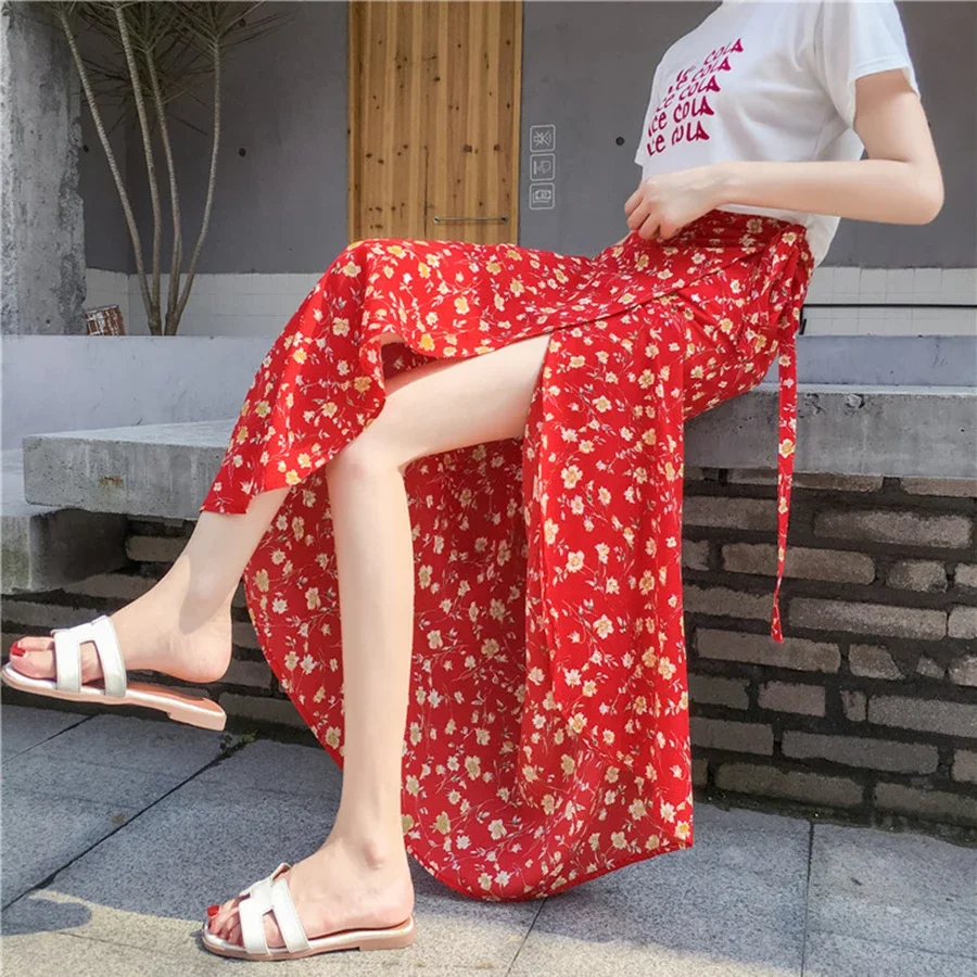 One Piece Summer Skirts Female Elegant Floral Style Chiffon High Waist Adjustable Vacation Long Skirt