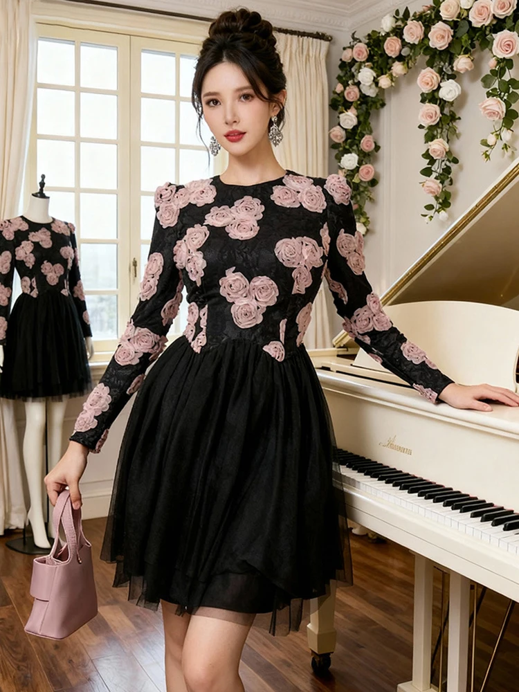 Vestido Mini de Encaje Negro de 2 Piezas Falsas para Mujer, con Flores 3D, Corte A, Elegante, para Fiesta, Noche, Estilo Vintage, Juvenil y Chic