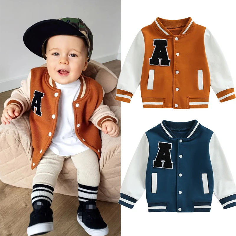 Kids Baseball Jackets for Boys Girls Outwear Letter Pattern Contrast Color Long Sleeve Buttons Coat Spring Fall Children Clothes