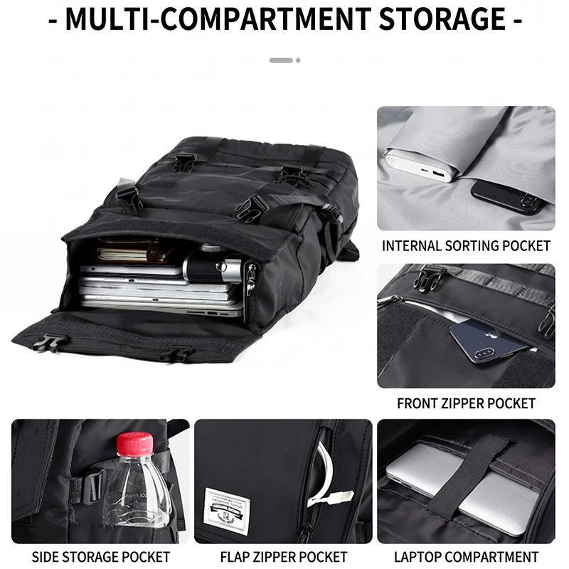 Waterproof Oxford Men Backpack Large Capacity Backpack Multi‑Pocket Travel Business Rucksack With Chest Buckle Luggage Strap