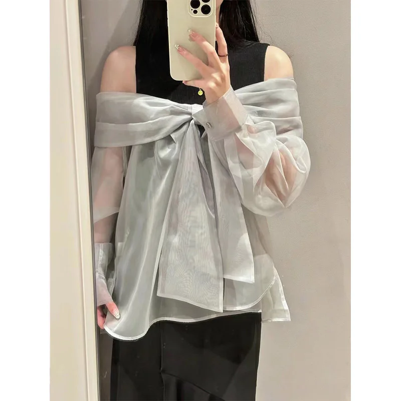 Kuzuwata Sweet Voile Bow Patchwork Sets Sling+o Neck Knit Off Shoulder Vest Jumper Japan New Moda Elegant Suits Ruched Pullovers