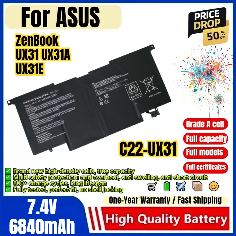 C22-UX31 for ASUS ZenBook UX31 UX31A UX31E Laptop Battery 0 Cycle High Quality Capacity Battery Replacement Bateria Grade A Cell