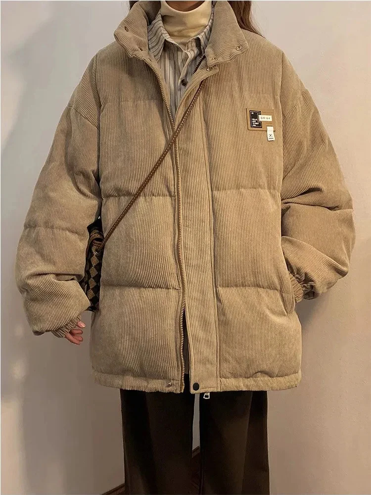 Retro Corduroy Parkas for Women Y2K Winter Streetwear Oversized Thick Warm Puffer Coats Bf Korean Loose Pockets Cotton Outerwear